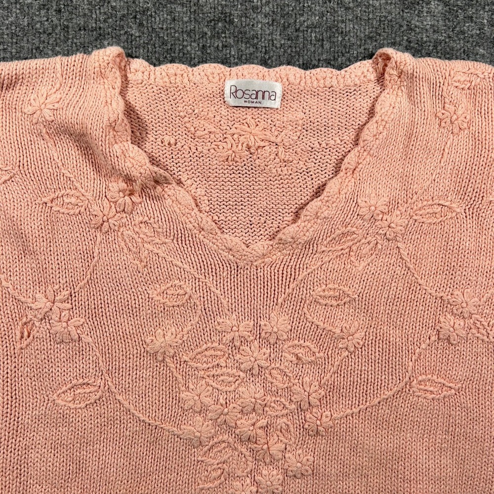 Rosanna Sweater Womens Size XL Peach Pink Floral Embroidered V-Neck Knit Top